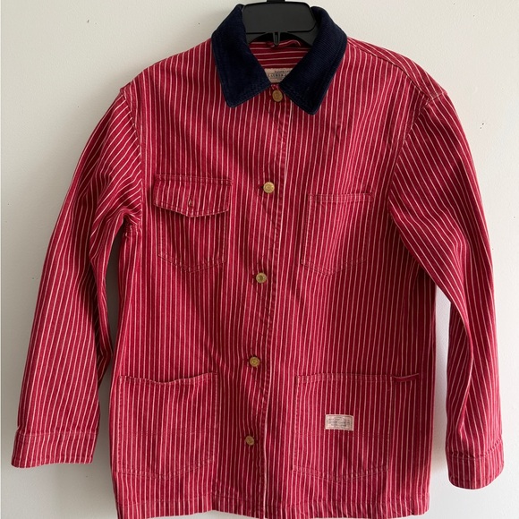 Vtg Ralph Lauren Jeans Co Blue Corduroy Collar Red Pinstriped Chore Barn Jacket - Picture 2 of 16